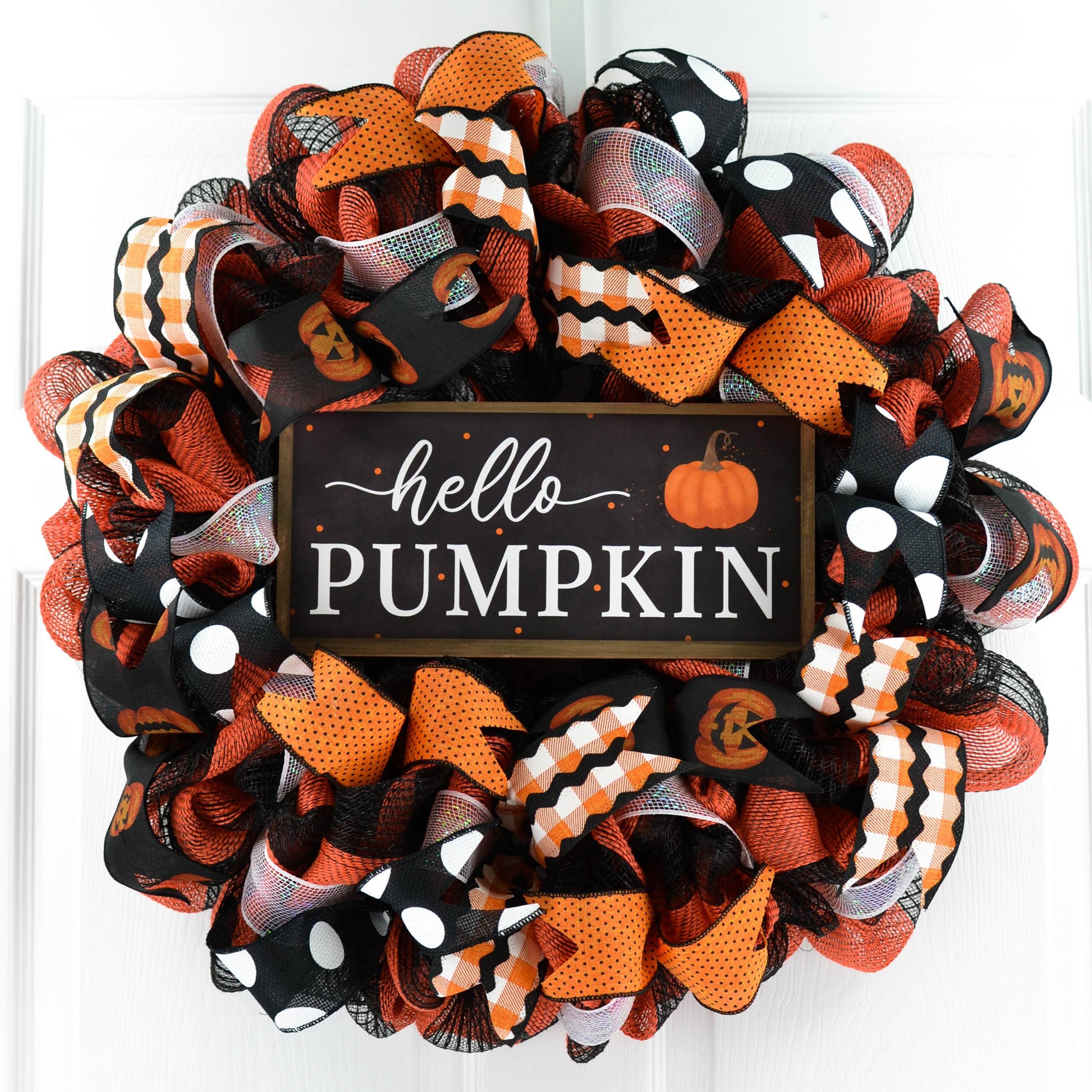 Hello Pumpkin Halloween Door Wreaths | Orange Mesh Front Door Decor | Black Orange Polka Dot - Pink Door Wreaths