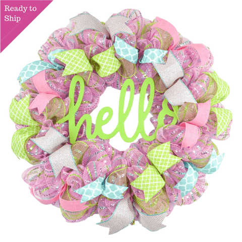 Hello Spring Wreath - Mothers Day Gift - Summer Front Door Decor - Everyday Decoration - Pink Turquoise Lime Green - Pink Door Wreaths