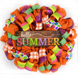 Hello Summer Wreath | Orange Burlap Wreath | Colorful Outdoor Mesh Wreath - Pink Door Wreaths