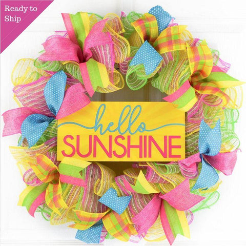 Hello Sunshine Summer Spring Welcome Door Wreath - Mother's Day Gift - Pink Turquoise Yellow - Pink Door Wreaths