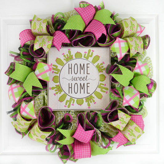 Home Sweet Home Cactus Wreath - Black Green Pink Spring Decor - Mother's Day Gift - Pink Door Wreaths