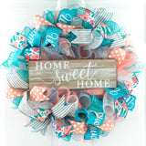 Home Sweet Home Wreath | Coral Grey Turquoise Spring Everyday Door Wreath | White Rustic Everyday - Pink Door Wreaths
