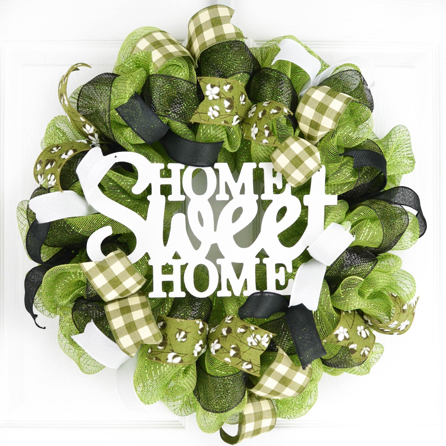 Home Sweet Home Wreath | Cotton Spring Everyday Door Wreath | Moss Green Black White - Pink Door Wreaths