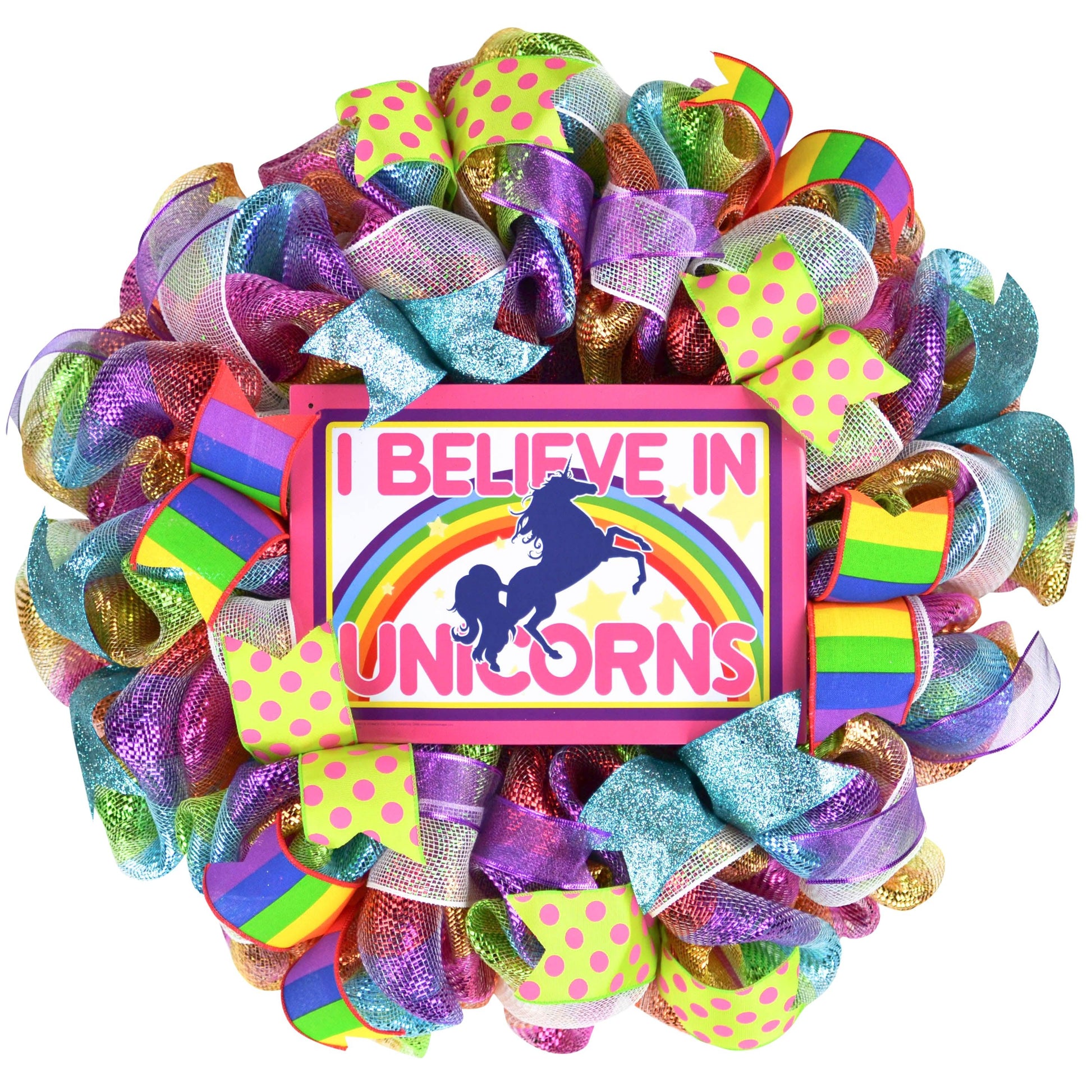 I Believe in Unicorns Mesh Front Door Wreath | Pink White Purple - Pink Door Wreaths