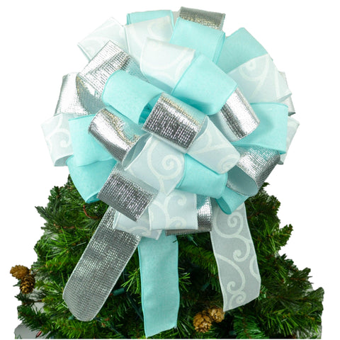 Ice Blue Silver Bow Christmas Tree Topper - Fluffy Gift Present Bow - Pink Door Wreaths