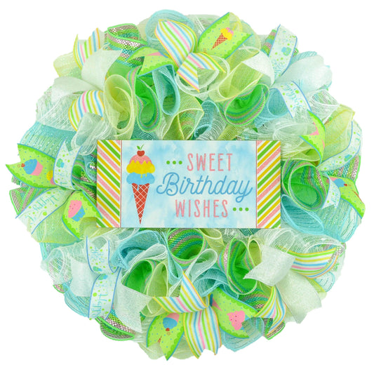 Ice Cream Birthday Wreath for Front Door - Everyone Happy Birth Day Decor - Pastel Family Pink Red Blue White Yellow Gold - Pink Door Wreaths