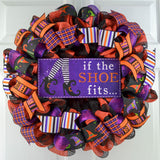 If the Shoe Fits Witch Halloween Wreath - Front Door Mesh Wreath - Black Orange Purple - Pink Door Wreaths