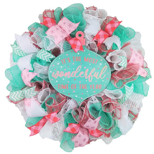 It's the Most Wonderful Time of the Year Ornament Wreath - Holiday Mesh Front Door Decor - Mint Green Red Pink - Pink Door Wreaths