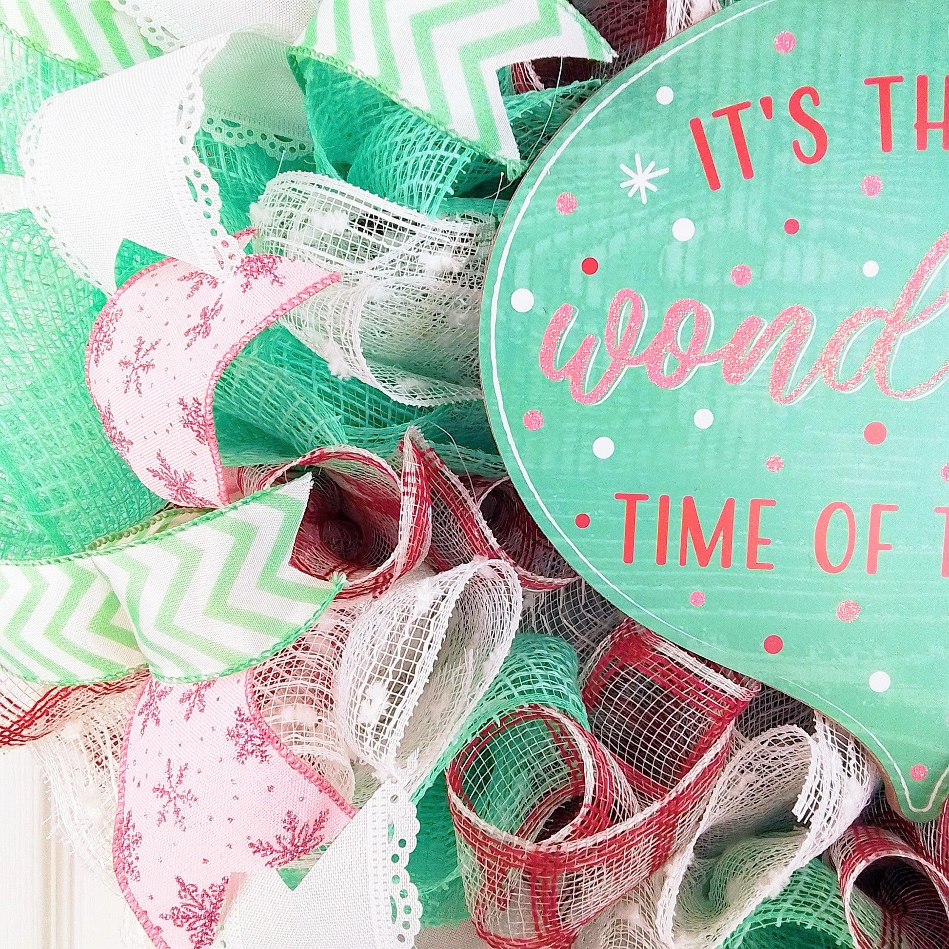 It's the Most Wonderful Time of the Year Ornament Wreath - Holiday Mesh Front Door Decor - Mint Green Red Pink - Pink Door Wreaths