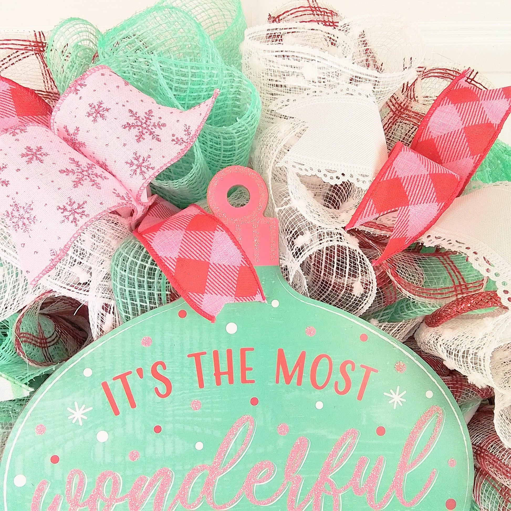 It's the Most Wonderful Time of the Year Ornament Wreath - Holiday Mesh Front Door Decor - Mint Green Red Pink - Pink Door Wreaths