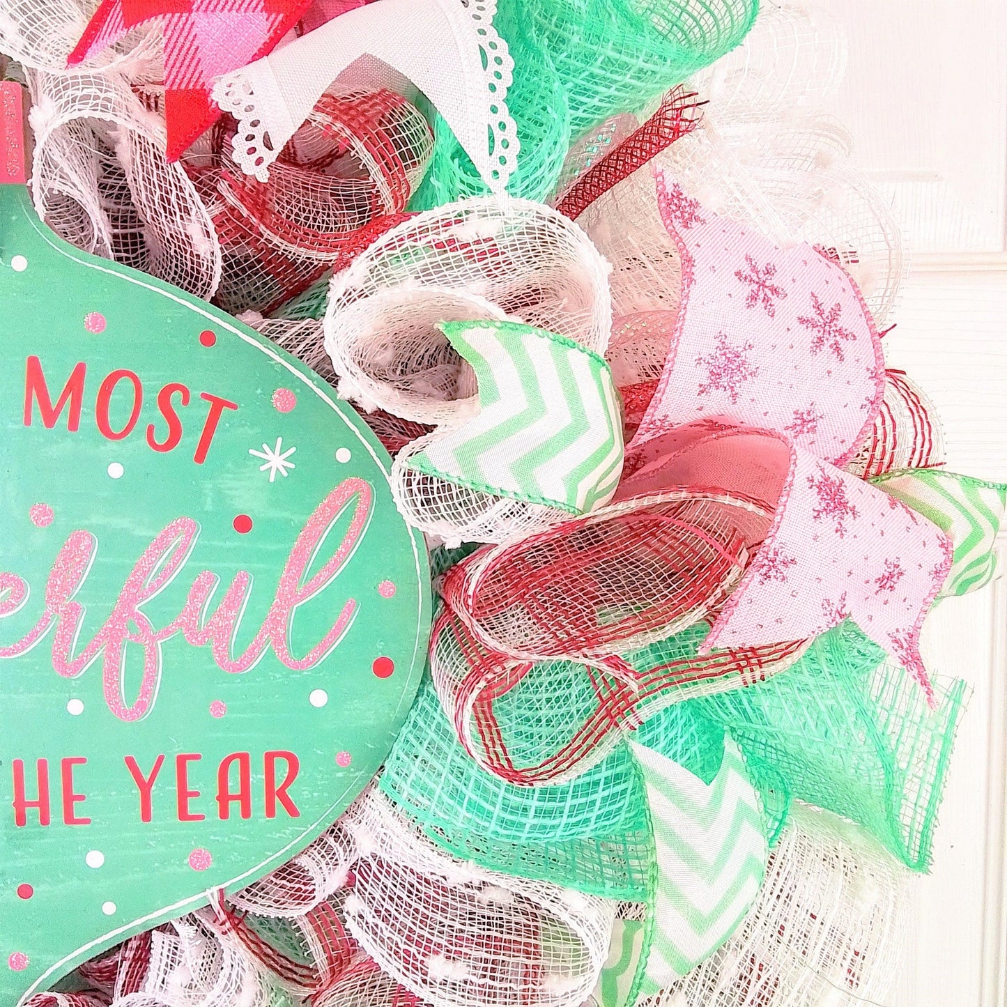 It's the Most Wonderful Time of the Year Ornament Wreath - Holiday Mesh Front Door Decor - Mint Green Red Pink - Pink Door Wreaths