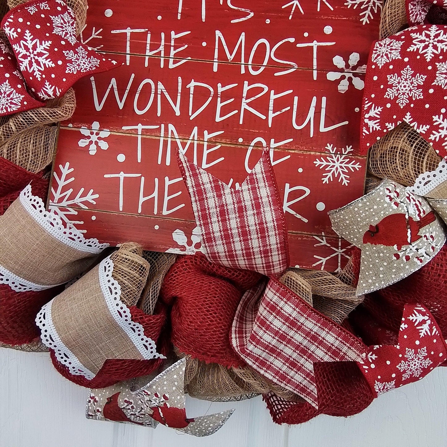 It's the Most Wonderful Time of the Year Wreath | Winter Christmas Mesh Front Door Wreath; White Red Brown Jute - Pink Door Wreaths