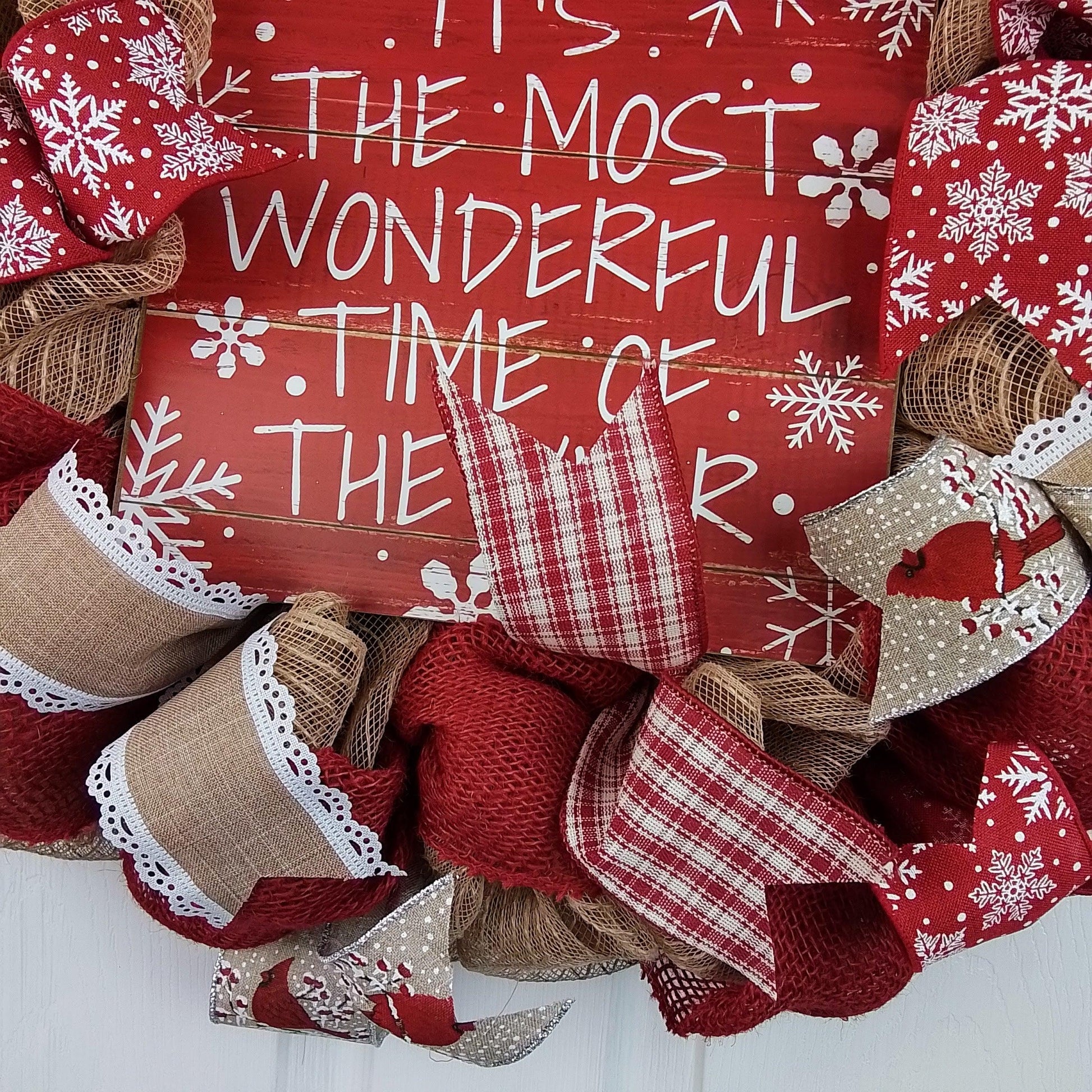 It's the Most Wonderful Time of the Year Wreath | Winter Christmas Mesh Front Door Wreath; White Red Brown Jute - Pink Door Wreaths