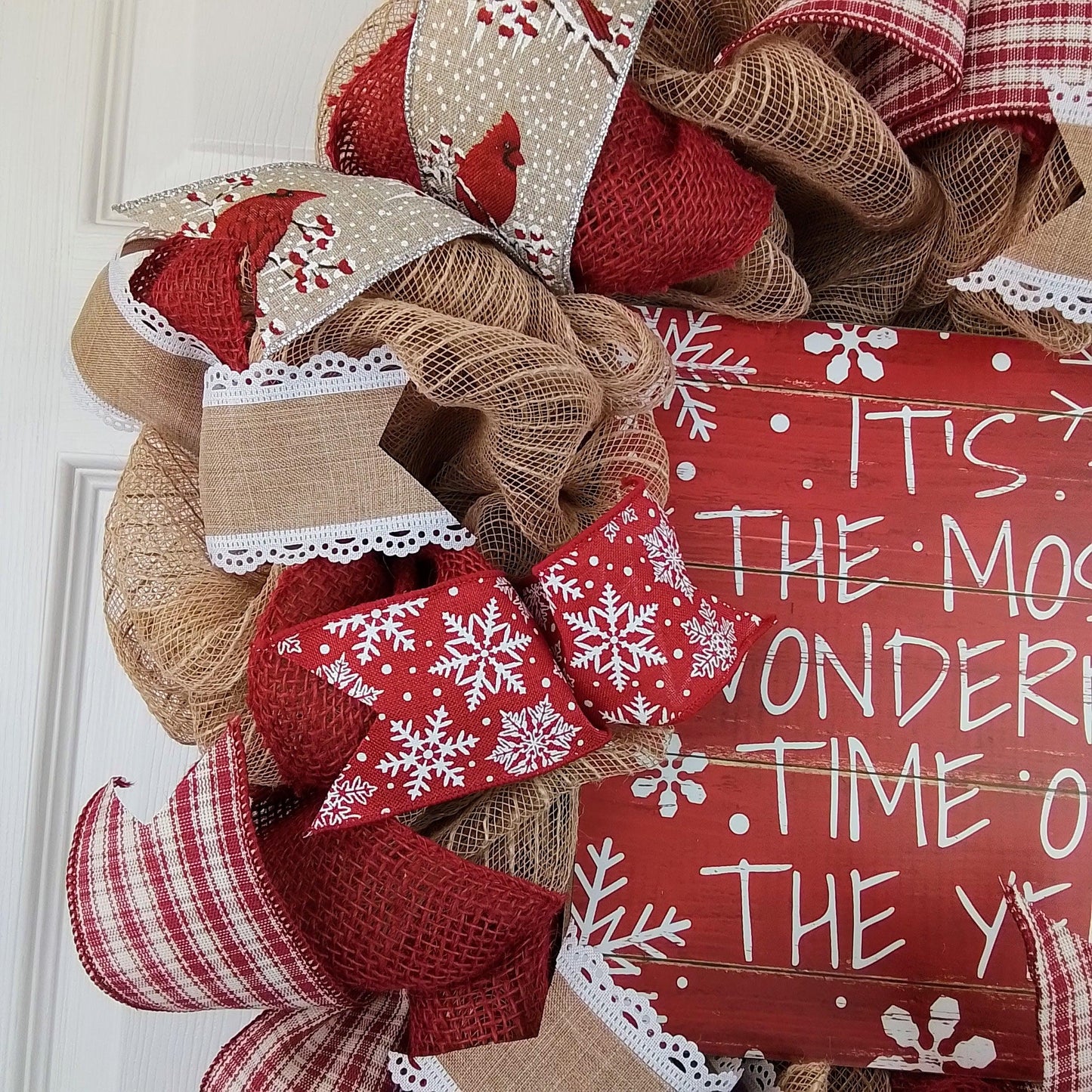 It's the Most Wonderful Time of the Year Wreath | Winter Christmas Mesh Front Door Wreath; White Red Brown Jute - Pink Door Wreaths