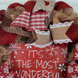 It's the Most Wonderful Time of the Year Wreath | Winter Christmas Mesh Front Door Wreath; White Red Brown Jute - Pink Door Wreaths