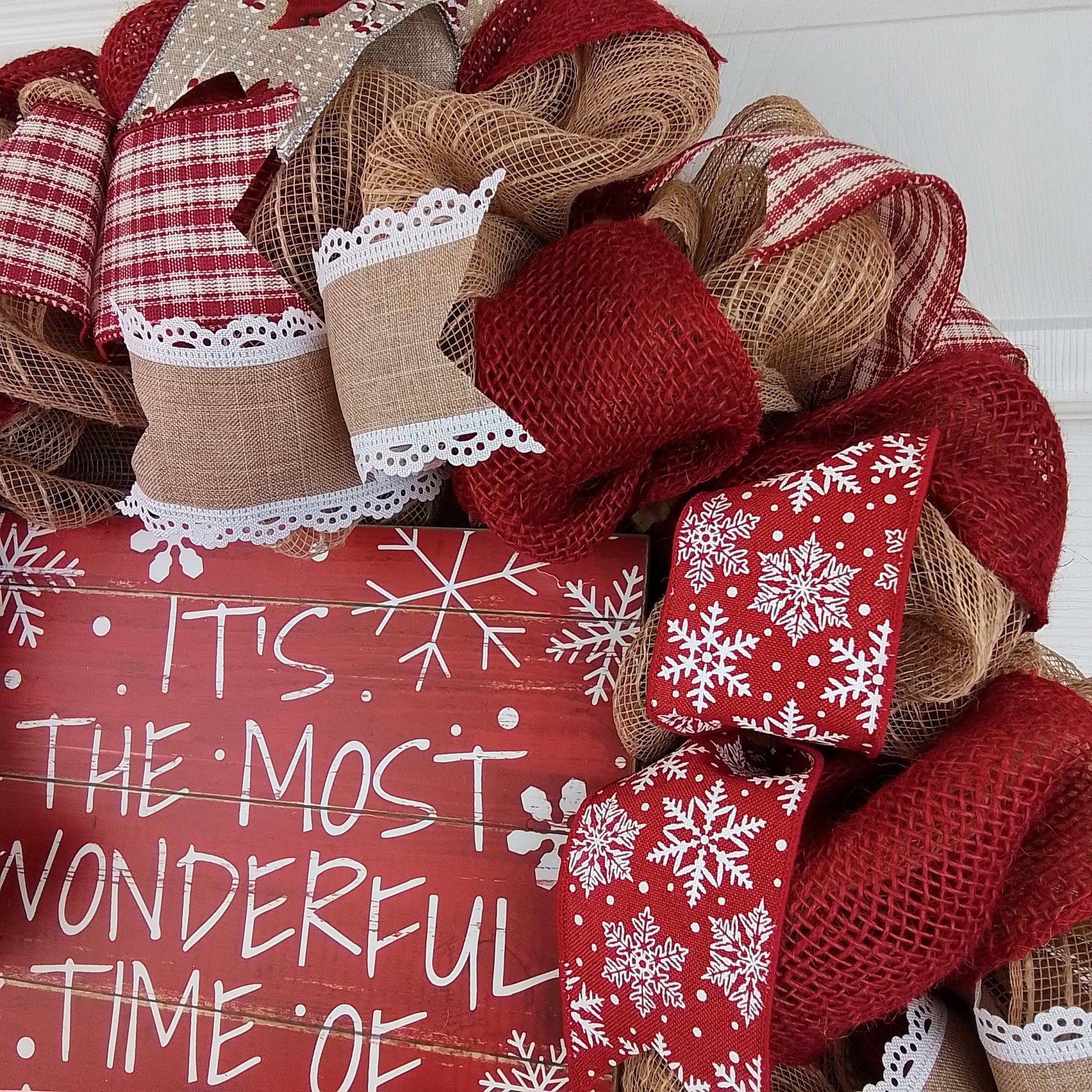 It's the Most Wonderful Time of the Year Wreath | Winter Christmas Mesh Front Door Wreath; White Red Brown Jute - Pink Door Wreaths