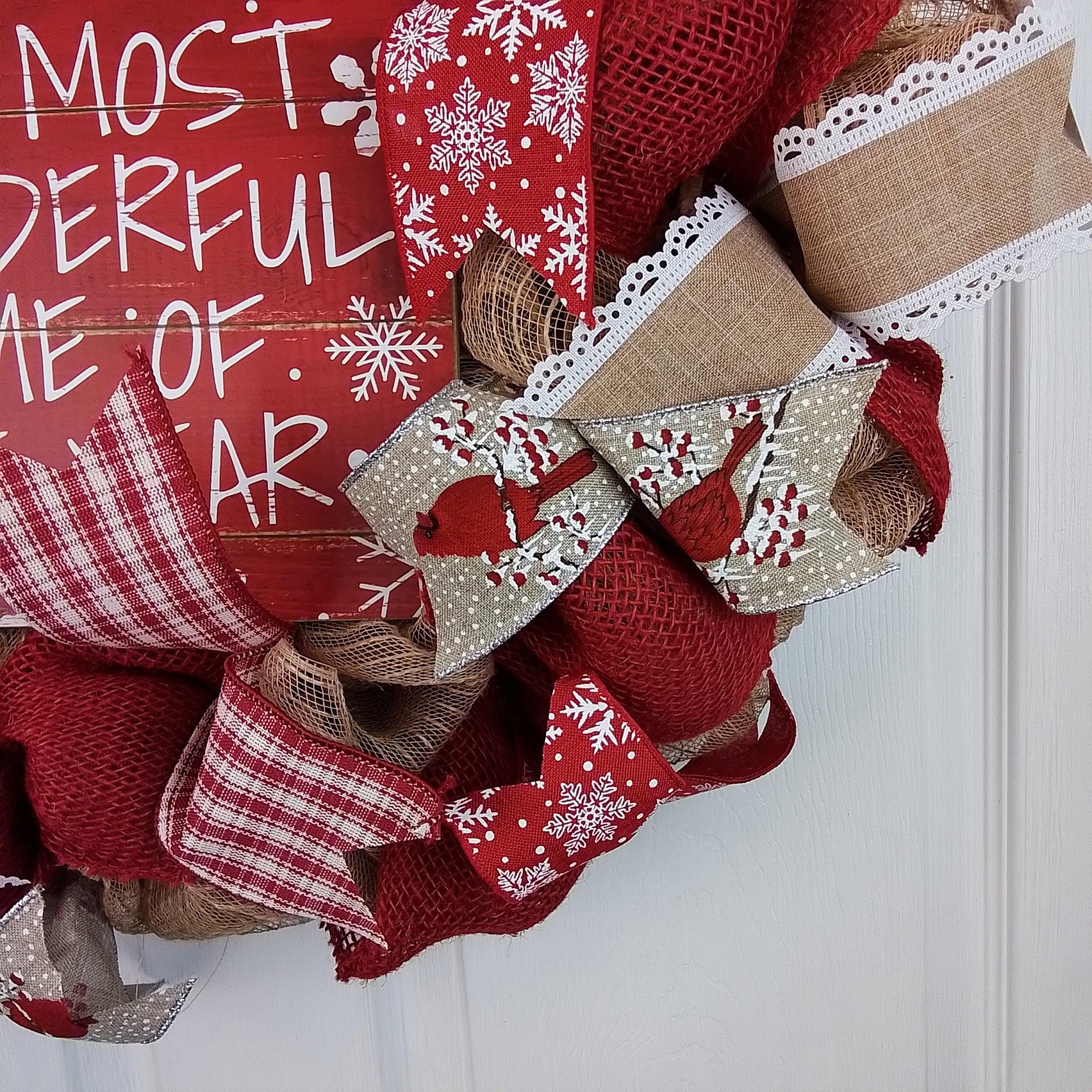 It's the Most Wonderful Time of the Year Wreath | Winter Christmas Mesh Front Door Wreath; White Red Brown Jute - Pink Door Wreaths