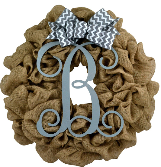 Ivory Burlap Monogram Door Wreath with Brown Chevron Bow - Pink Door Wreaths