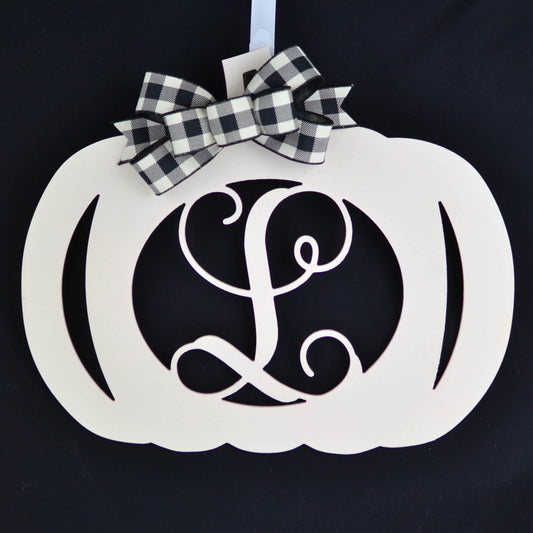 Ivory Pumpkin Decor | Farmhouse Buffalo Plaid Pumpkin Initial Door Hanger - Pink Door Wreaths