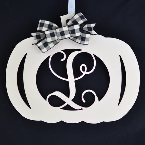 Ivory Pumpkin Decor | Farmhouse Buffalo Plaid Pumpkin Initial Door Hanger - Pink Door Wreaths
