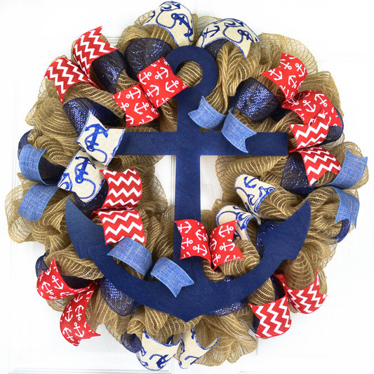 Jute Burlap Anchor Door Wreath | Beach Nautical Decor | Navy Blue Red Burlap - Pink Door Wreaths