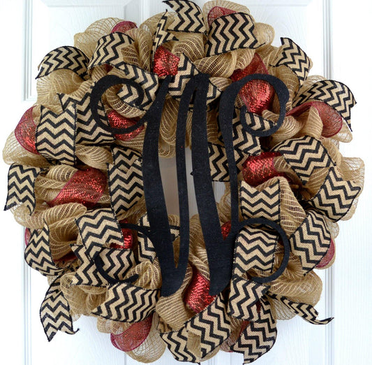 Jute Burlap Monogram Chevron Everyday Door Wreath | Brown Maroon Black - Pink Door Wreaths