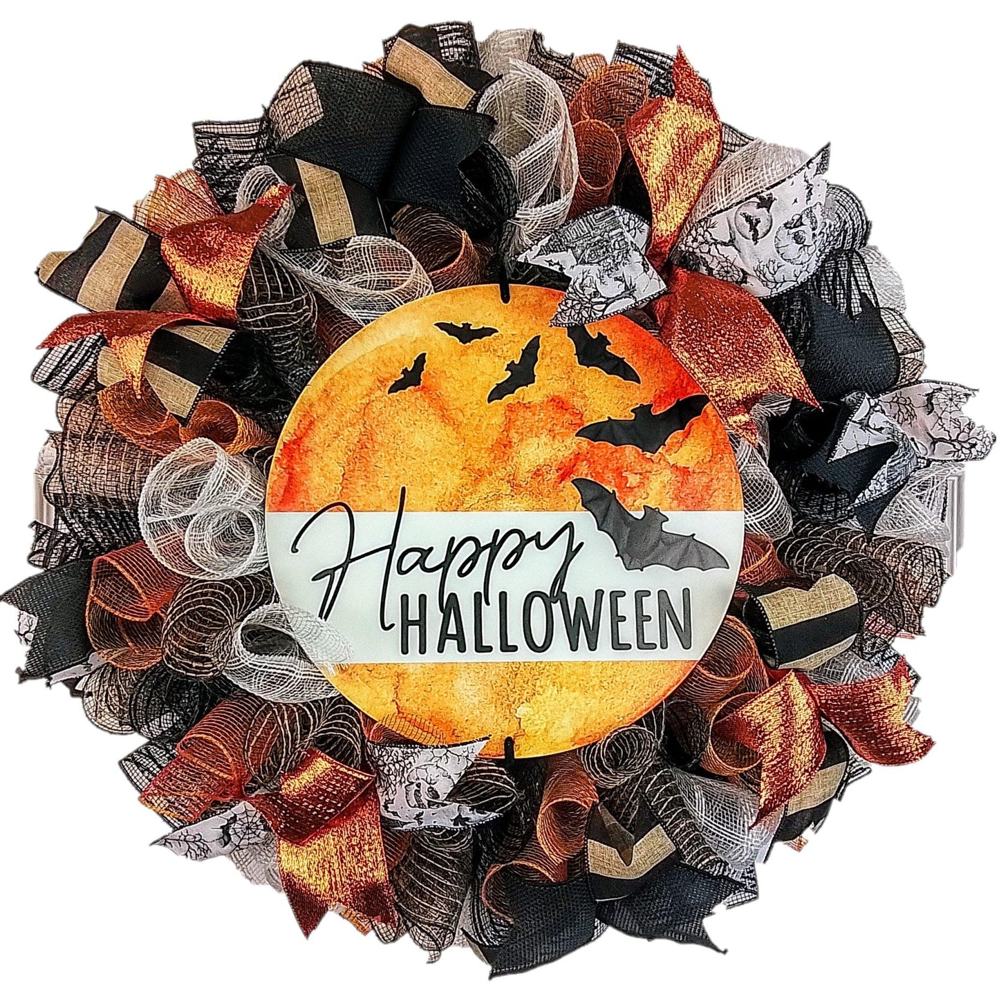 Jute Halloween Door Wreaths - Happy Halloween Moon Mesh Welcome Outdoor Front Door Wreath - Black Orange Bats - Pink Door Wreaths