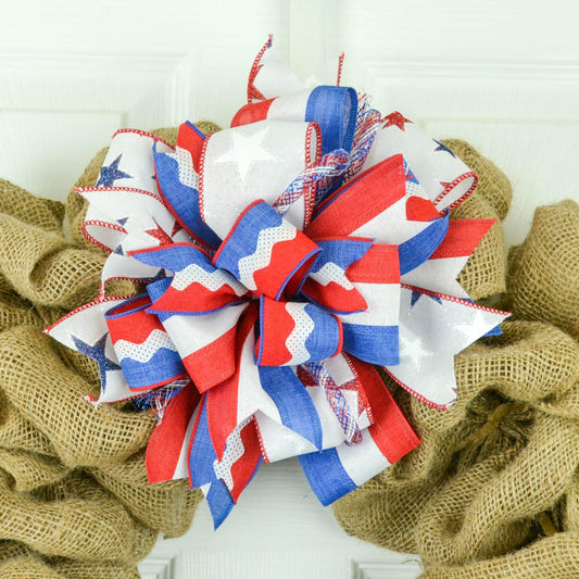 Lantern Wreath Bow - Burlap Wreath Embellishment for Making Your Own - Layered Full Handmade Farmhouse Already Made (4th of July (Stripes) - Pink Door Wreaths
