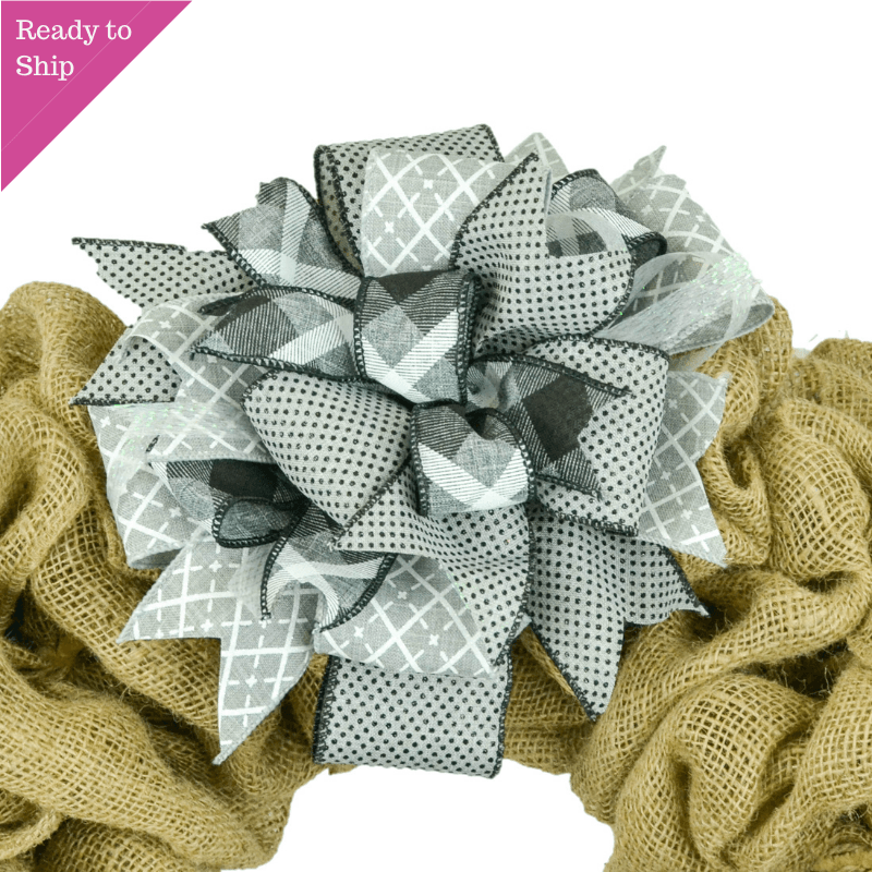 Lantern Wreath Bow - Burlap Wreath Embellishment for Making Your Own - Layered Full Handmade Farmhouse Already Made (Everyday (Grey/Black) - Pink Door Wreaths
