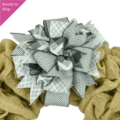 Lantern Wreath Bow - Burlap Wreath Embellishment for Making Your Own - Layered Full Handmade Farmhouse Already Made (Everyday (Grey/Black) - Pink Door Wreaths
