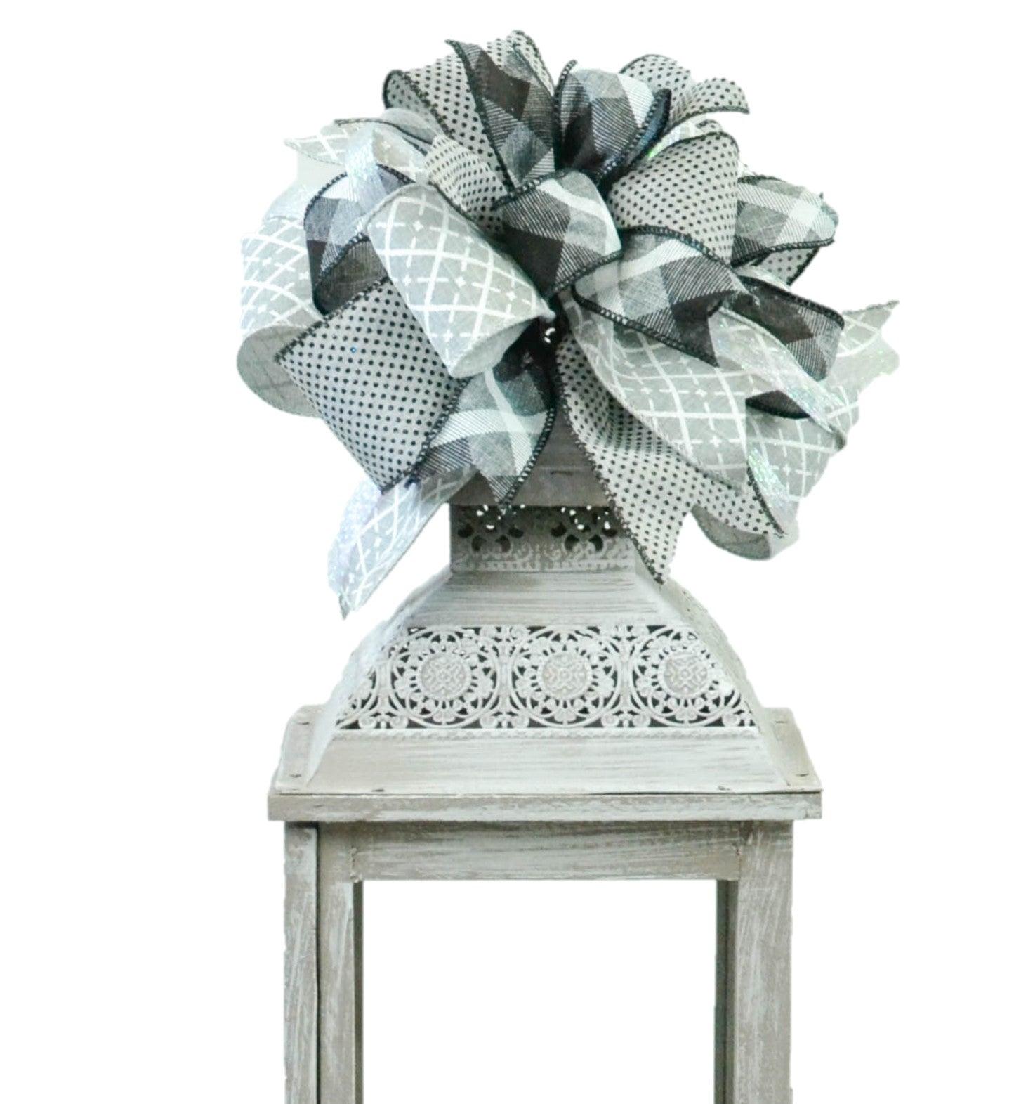 Lantern Wreath Bow - Burlap Wreath Embellishment for Making Your Own - Layered Full Handmade Farmhouse Already Made (Everyday (Grey/Black) - Pink Door Wreaths