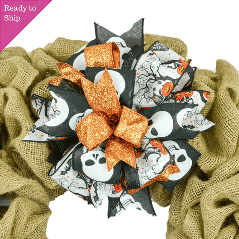 Lantern Wreath Bow - Burlap Wreath Embellishment for Making Your Own - Layered Full Handmade Farmhouse Already Made (Halloween (Skulls) - Pink Door Wreaths