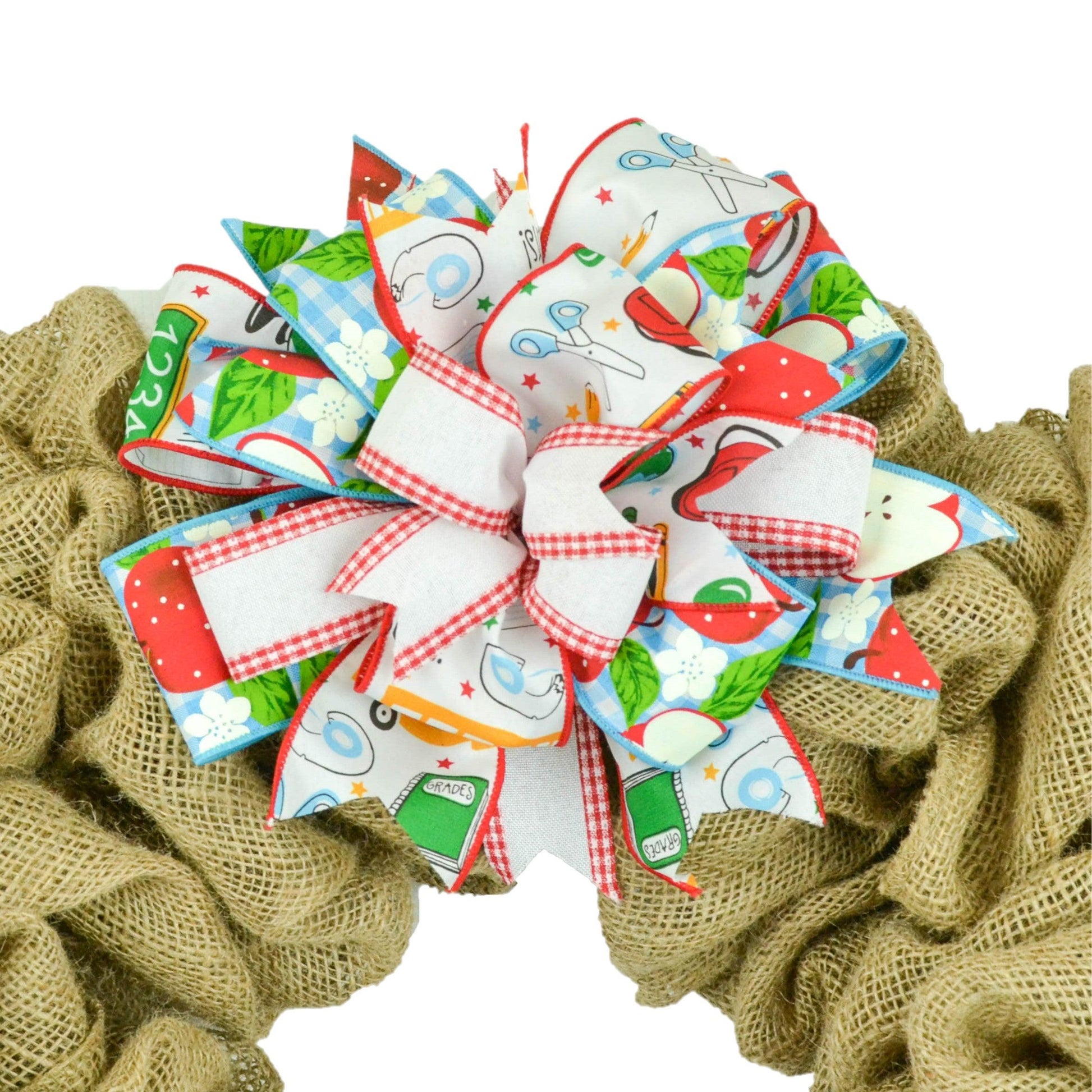 Lantern Wreath Bow - Burlap Wreath Embellishment for Making Your Own - Layered Full Handmade Farmhouse Already Made (Teacher (Red/White), - Pink Door Wreaths
