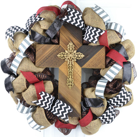 Maroon and Black Cross Mesh Front Door Wreath - Pink Door Wreaths