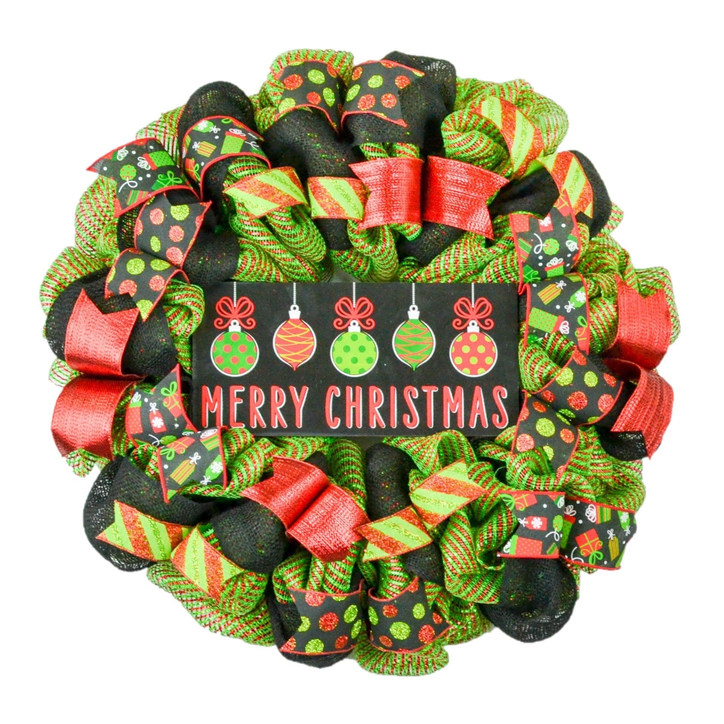 Merry Christmas Ornament Wreath - Holiday Mesh Front Door Decor - Pink Door Wreaths