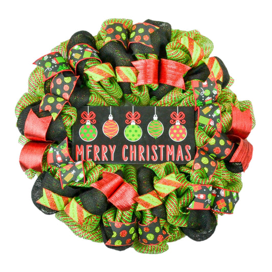 Merry Christmas Ornament Wreath - Holiday Mesh Front Door Decor - Pink Door Wreaths