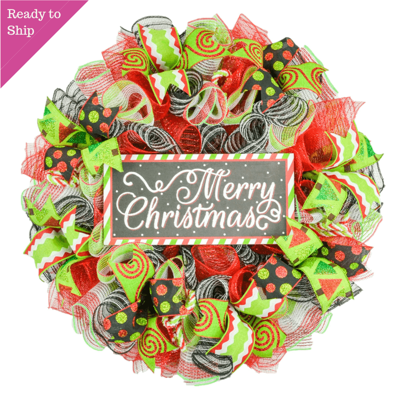 Merry Christmas Wreath - Bright Holiday Decoration Front Door Wreaths - Red Green Black Sparkle - Pink Door Wreaths