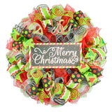Merry Christmas Wreath - Bright Holiday Decoration Front Door Wreaths - Red Green Black Sparkle - Pink Door Wreaths