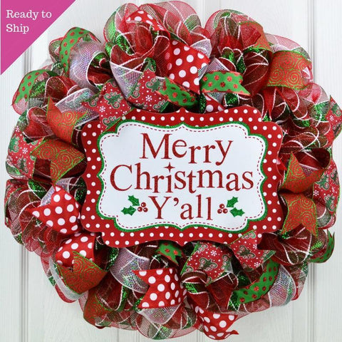 Merry Christmas Wreath | Merry Christmas Y'all | Mesh Front Door Wreath | Red Green White - Pink Door Wreaths