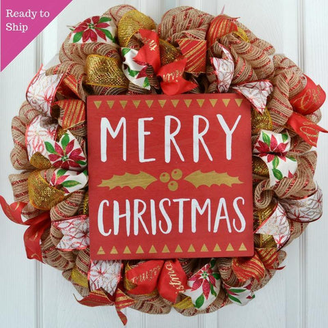 Merry Christmas Wreath | Red and Gold Christmas Wreath | Mesh Front Door Outdoor Wreath; Jute - Pink Door Wreaths