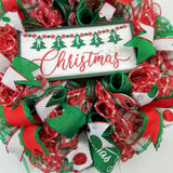 Merry Christmas Wreath - Xmas Holiday Decoration Front Door Wreaths - Red Emerald Green White Christmas Trees - Pink Door Wreaths