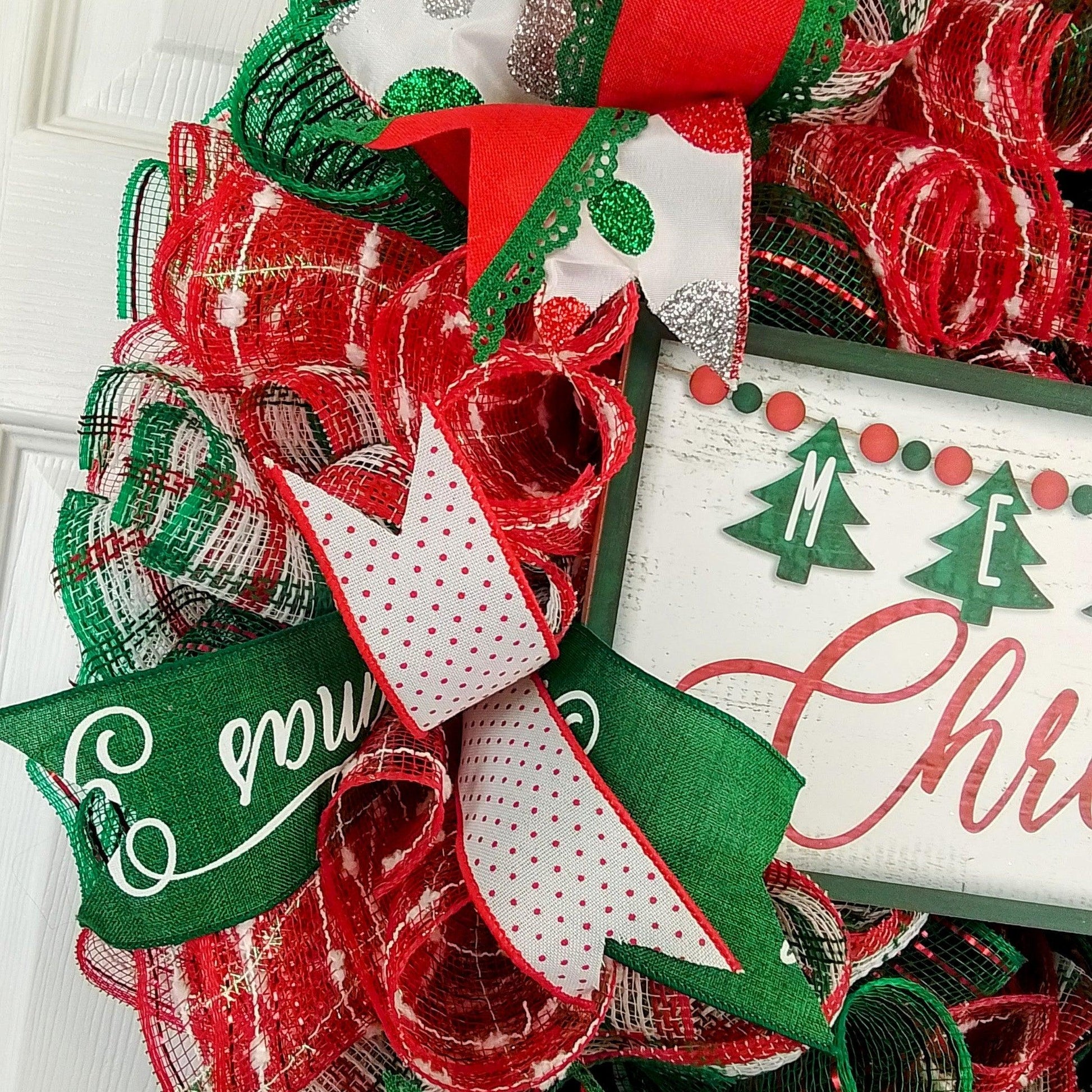 Merry Christmas Wreath - Xmas Holiday Decoration Front Door Wreaths - Red Emerald Green White Christmas Trees - Pink Door Wreaths