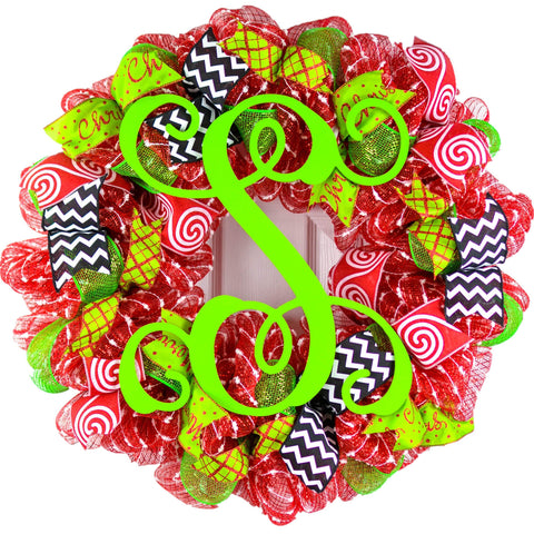 Monogram Christmas Mesh Door Wreath - Candy Cane Decorations - Red White Lime Green Black - Pink Door Wreaths