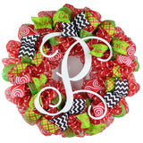 Monogram Christmas Mesh Door Wreath - Candy Cane Decorations - Red White Lime Green Black - Pink Door Wreaths