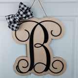 Monogrammed Birthday Gift | White Black Initial Letter Door Hanger Wreath with Bow - LOTS OF COLORS - Pink Door Wreaths
