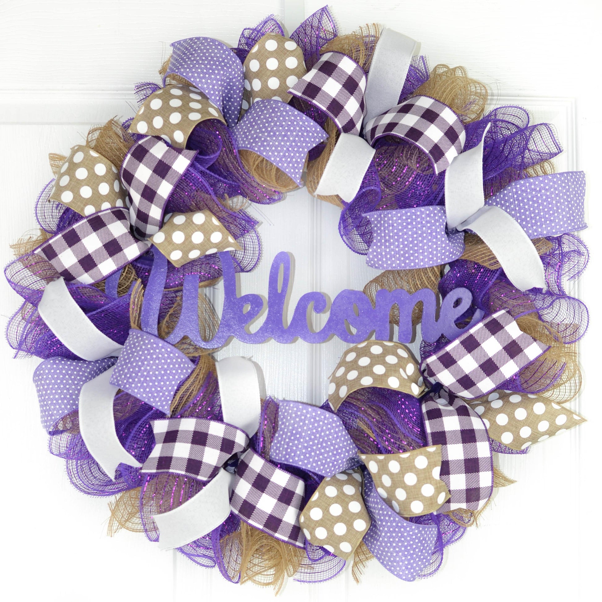 Mother's Day Gift | Jute burlap everyday year round welcome wreath; purple white brown - Pink Door Wreaths