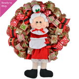 Mrs. Claus Wreath | Santa Christmas Mesh Outdoor Front Door Wreath - Pink Door Wreaths