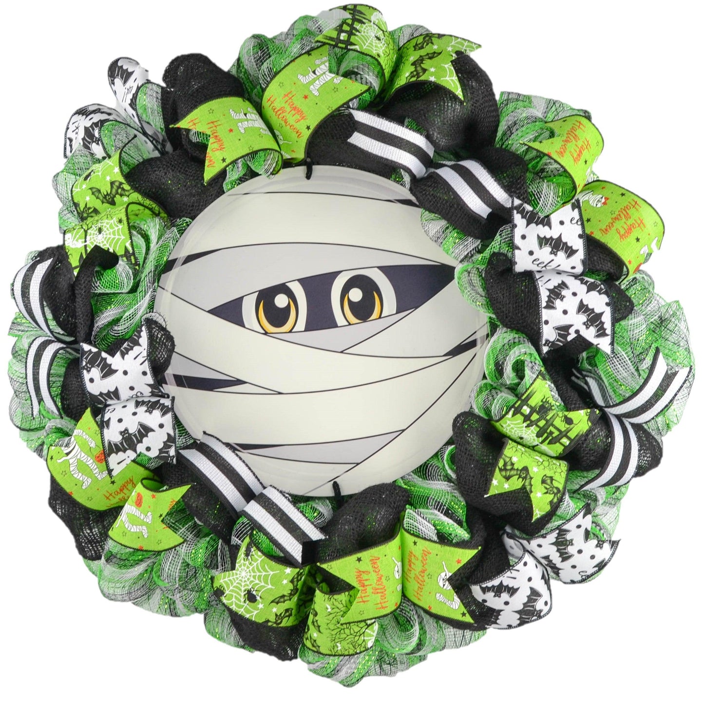 Mummy Halloween Wreath - Whimsical Mesh Outdoor Front Door Wreath - Pink Door Wreaths