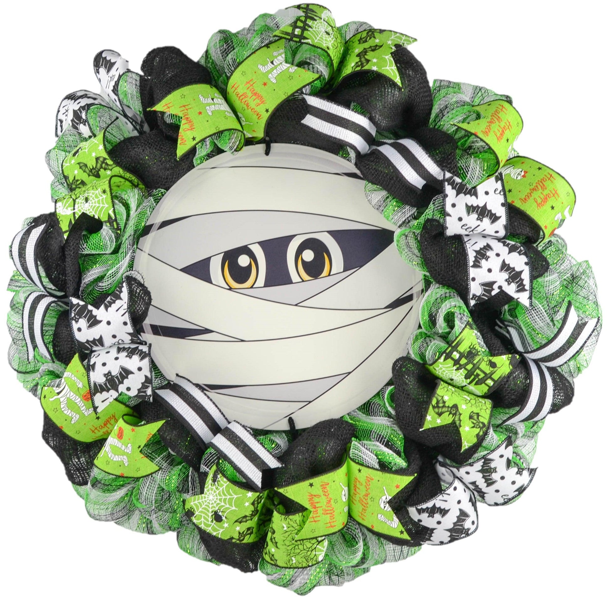 Mummy Halloween Wreath - Whimsical Mesh Outdoor Front Door Wreath - Pink Door Wreaths