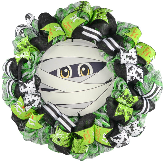Mummy Halloween Wreath - Whimsical Mesh Outdoor Front Door Wreath - Pink Door Wreaths